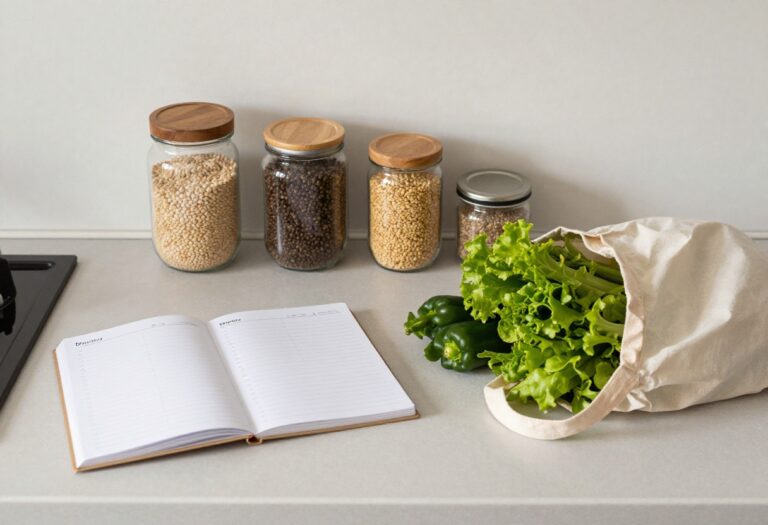 A meal planner notebook surrounded by fresh vegetables, grains, and a reusable grocery bag on a kitchen counter.