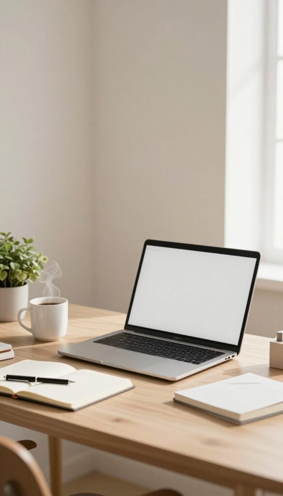 Cozy home office desk with laptop, coffee, notebook, and plant for freelance writing or editing side hustle