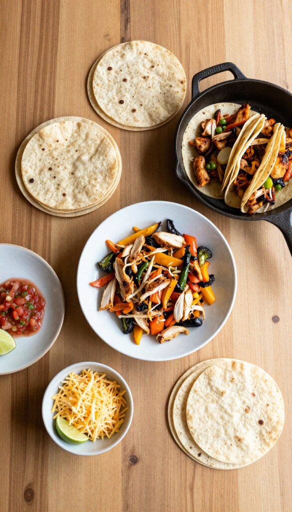 Overhead view of leftover roasted vegetables and shredded chicken being transformed into chicken tacos on a rustic wooden table
