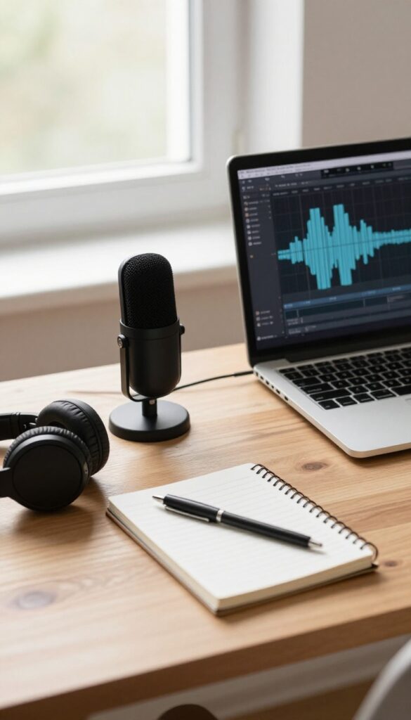 Podcast recording setup with microphone, headphones, and laptop