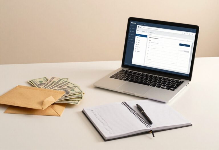 Desk with laptop, notebook, and cash envelopes representing budget organization