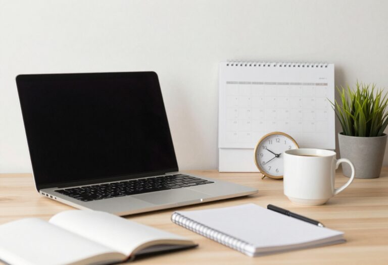 Organized desk with laptop, coffee, notebook, and calendar representing side hustle planning