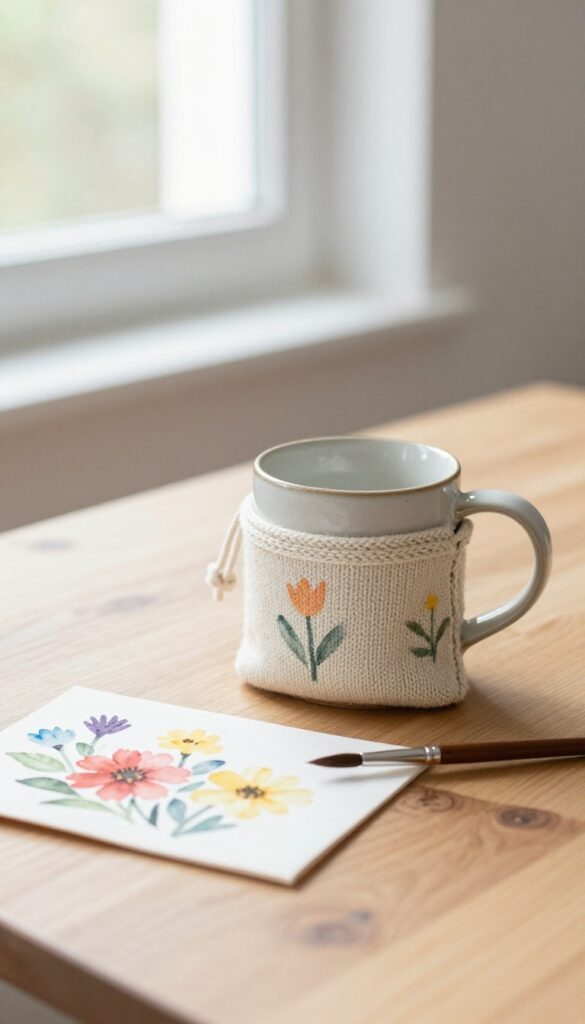 Handmade crafts on a wooden table including a ceramic mug, knitted pouch, and watercolor painting, bright natural light.