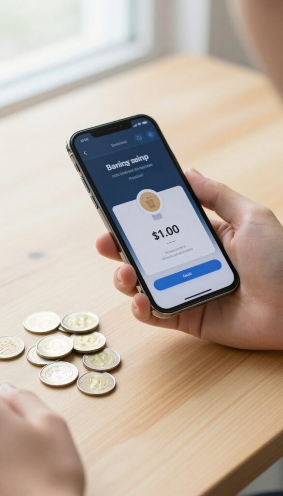 Person holding smartphone with banking app and coins on table representing round-up savings challenge