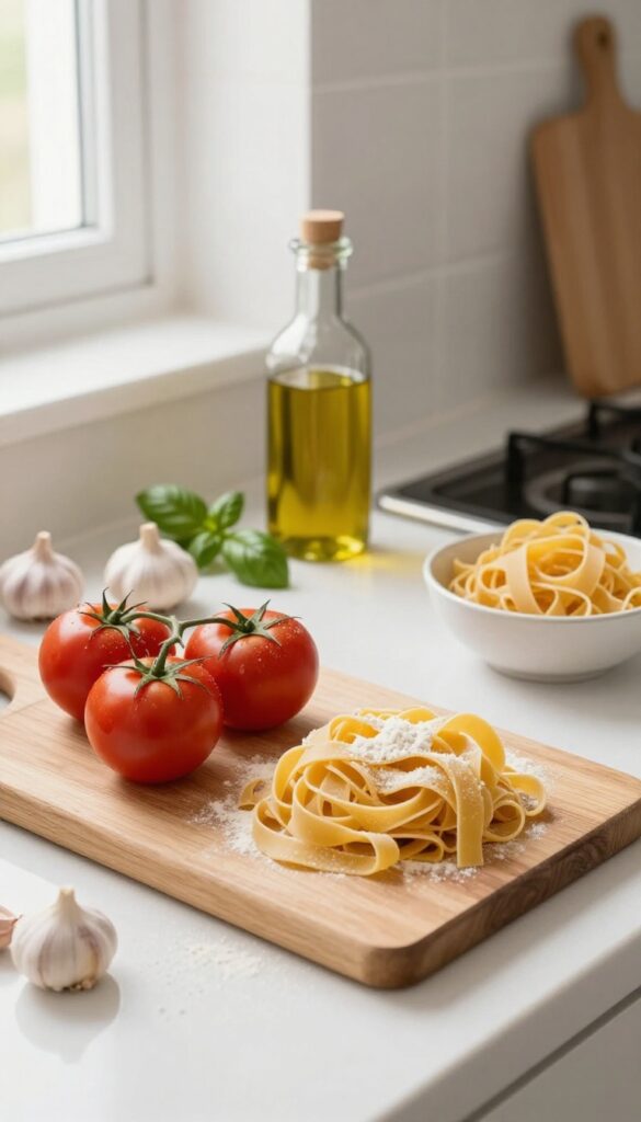 Kitchen counter with fresh pasta ingredients and natural light