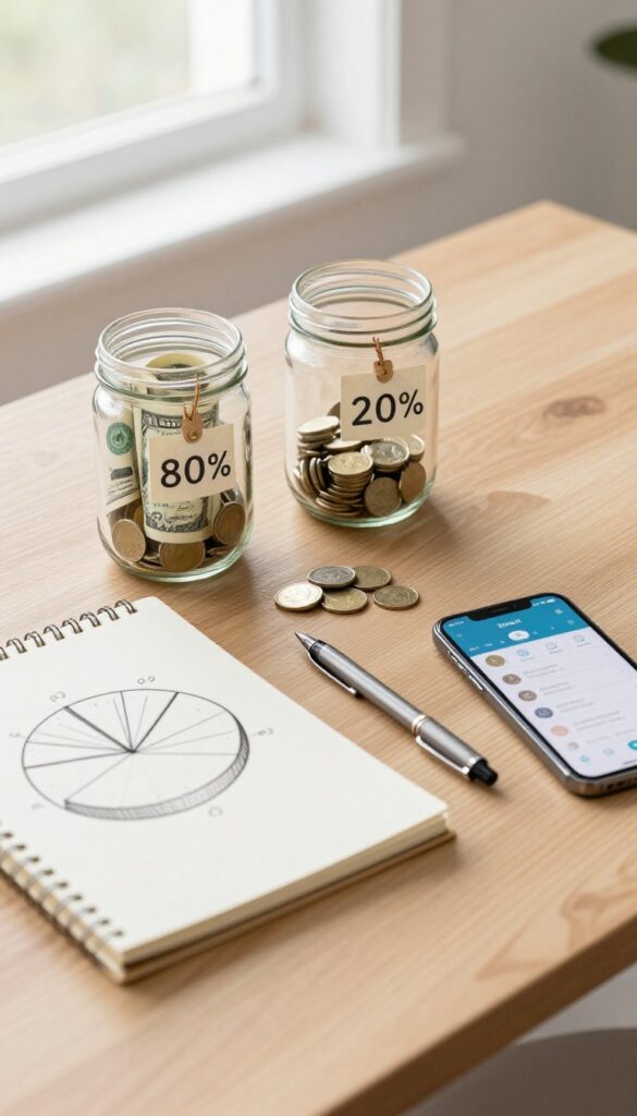 Flat lay of two jars labeled 80% and 20% with money, notebook, pen, and smartphone, representing the 80/20 budgeting rule for irregular income.
