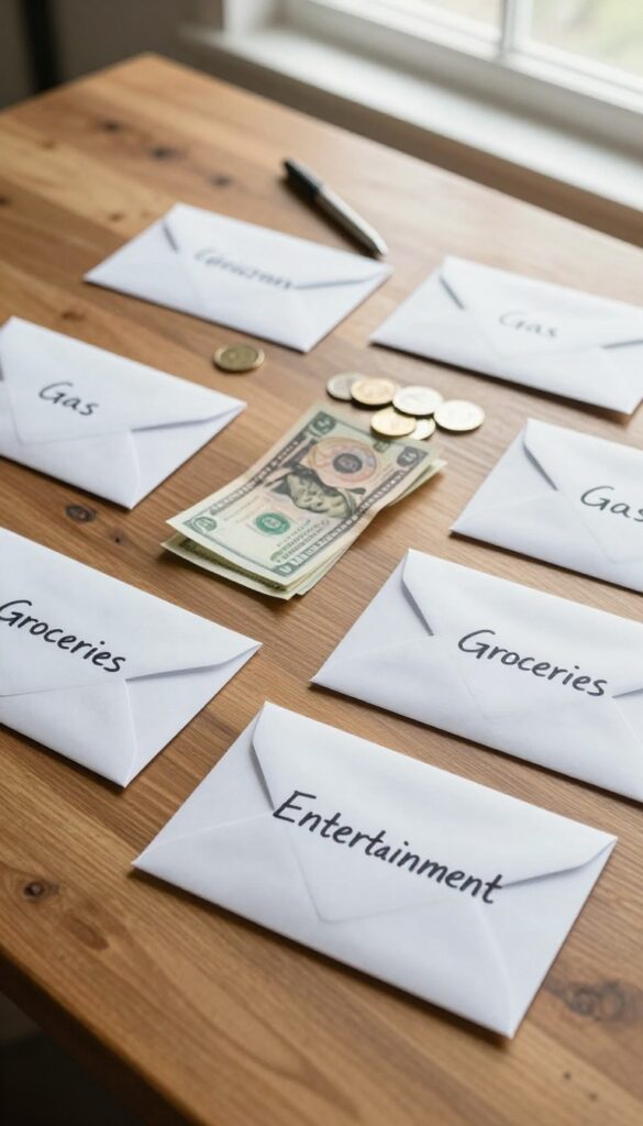 Cash envelopes for budgeting labeled groceries, gas, and entertainment on a wooden table