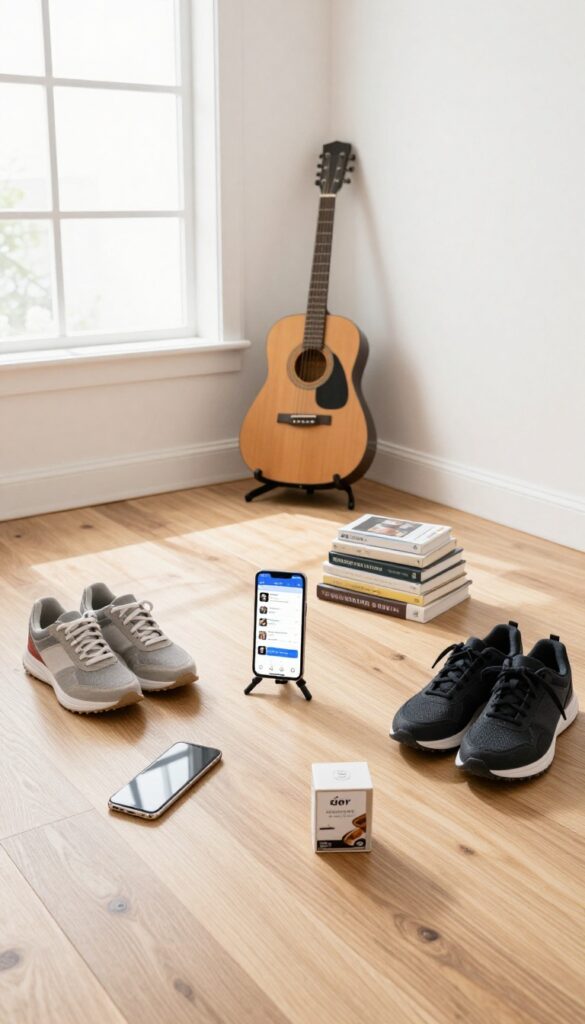 A pile of unused items like a smartphone, guitar, books, and sneakers on a wooden floor, with a smartphone on a tripod showing a marketplace listing, in a bright living room.