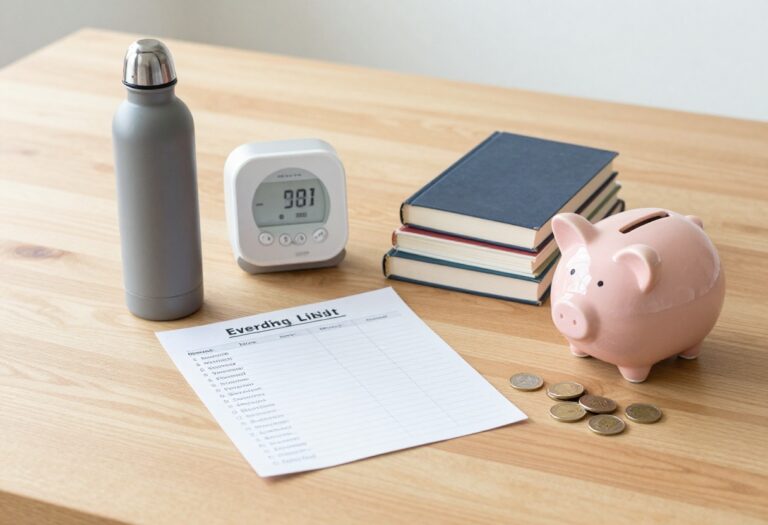 Flat lay of money-saving items including a reusable water bottle, thermostat, library books, shopping list, and piggy bank.