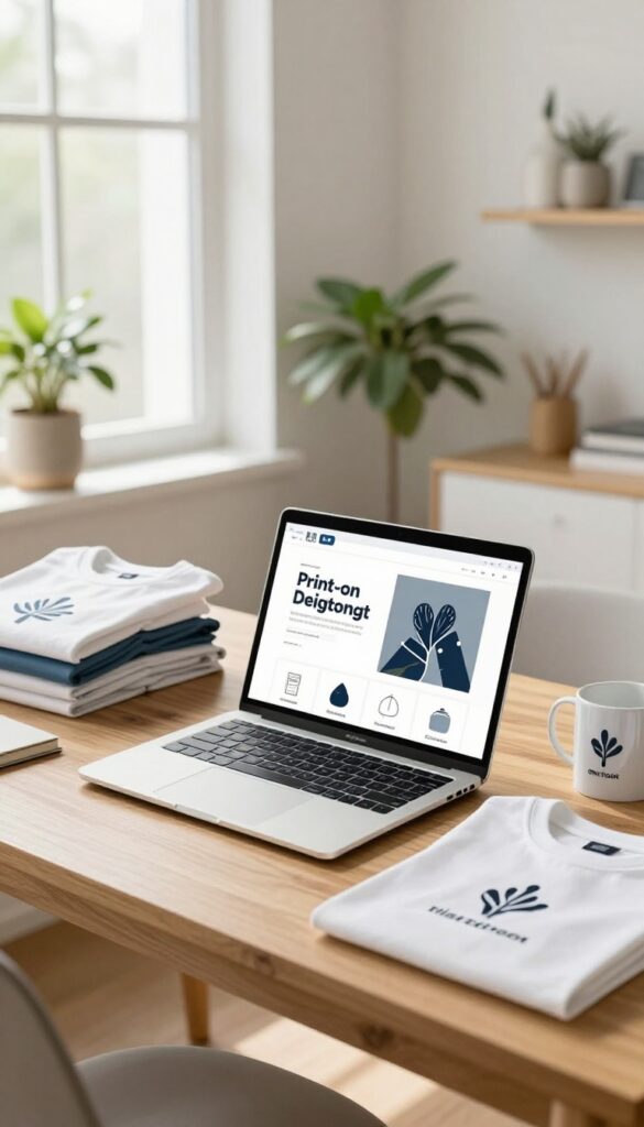 Print-on-demand store setup with custom t-shirts and mugs on a desk