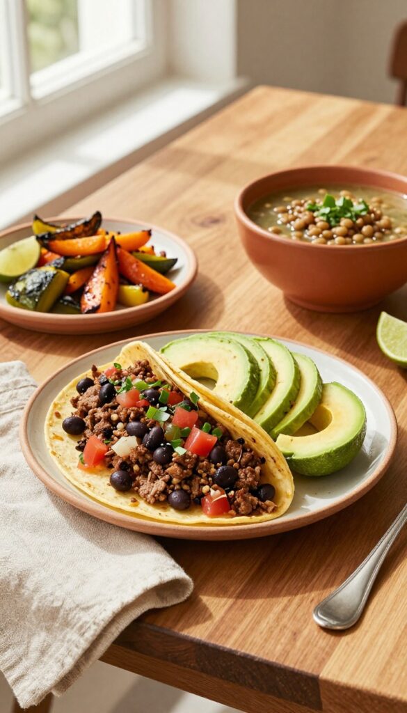 Meatless Monday meal with black bean tacos, lentil soup, and roasted vegetables on a rustic wooden table.