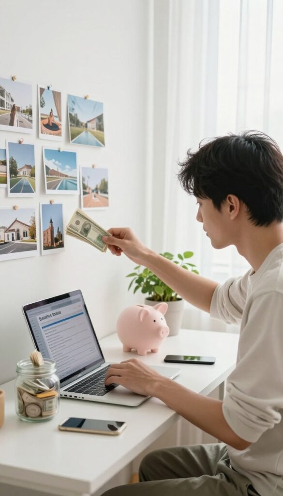 Young adult saving a portion of a raise into a savings jar while looking at a vision board, symbolizing avoiding lifestyle creep.