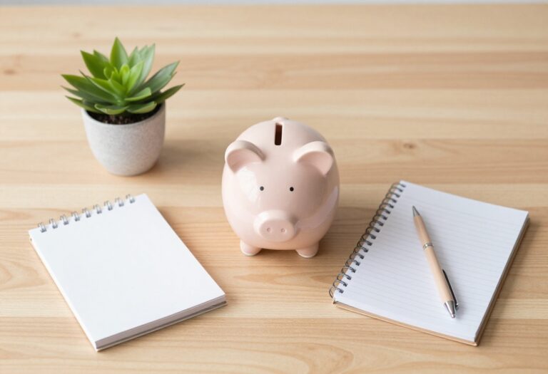 A piggy bank and notebook on a wooden table representing saving money tips for beginners.