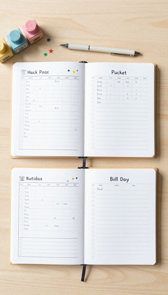 Open budget binder with a bill tracker dashboard page, stamp, stickers, and pen on a wooden desk.