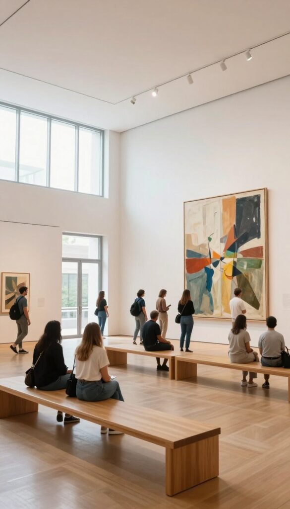 Visitors exploring a free museum gallery with natural light and abstract art