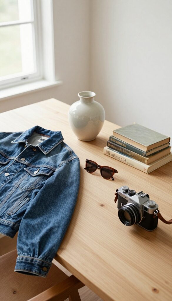 Flat lay of vintage thrifted items including denim jacket, sunglasses, ceramic vase, books, and camera bag on wooden table in natural light.