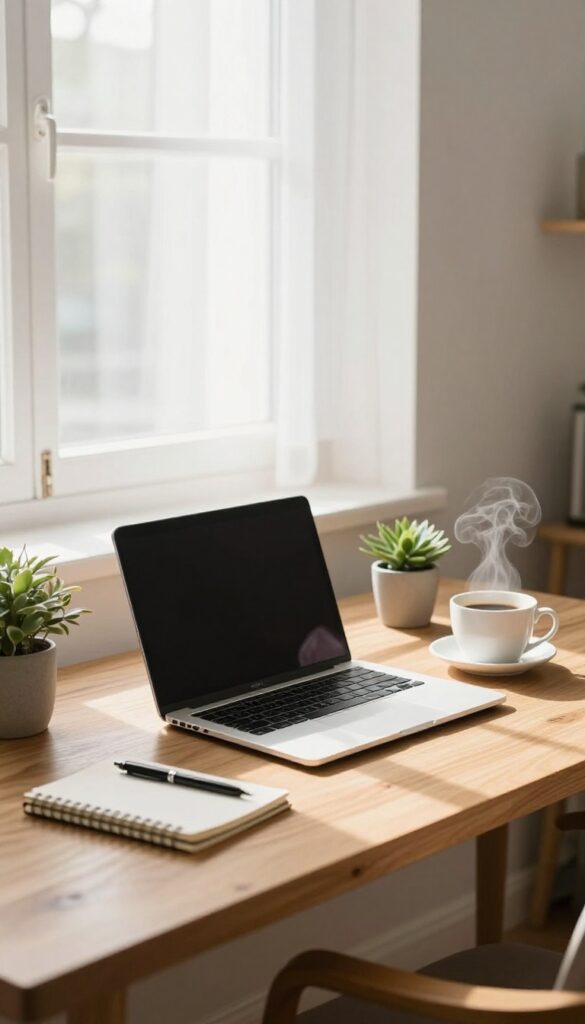 Cozy home office with laptop and coffee for blogging