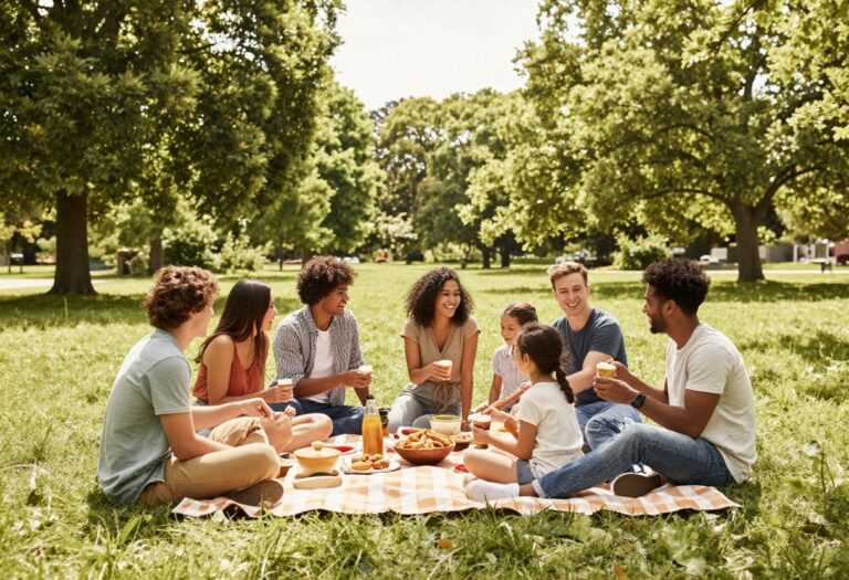 Friends enjoying a picnic in a park during a no spend weekend