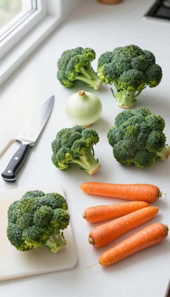Whole fresh vegetables on a wooden counter with a knife and cutting board, representing savings from buying whole produce instead of pre-cut.