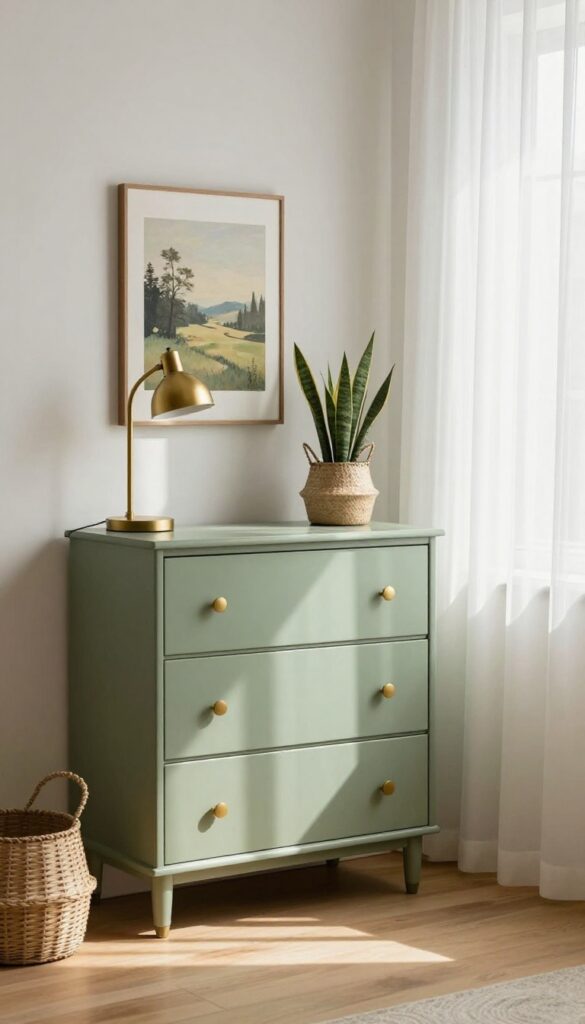 A refurbished sage green dresser with brass knobs in a bright apartment living room, surrounded by thrifted decor.