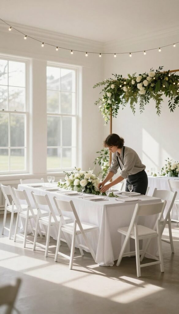 Person setting up chairs and decorations in a bright wedding reception hall