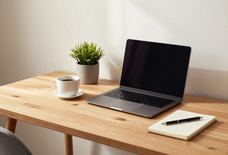 Laptop on a desk with coffee and notebook, representing online money making