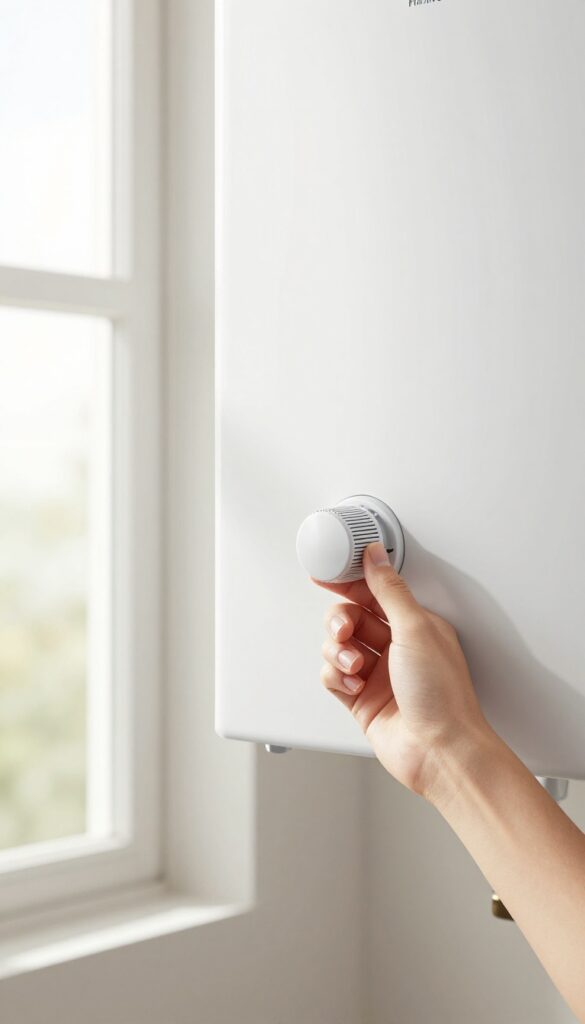 Hand adjusting water heater thermostat to 120°F in bright utility room