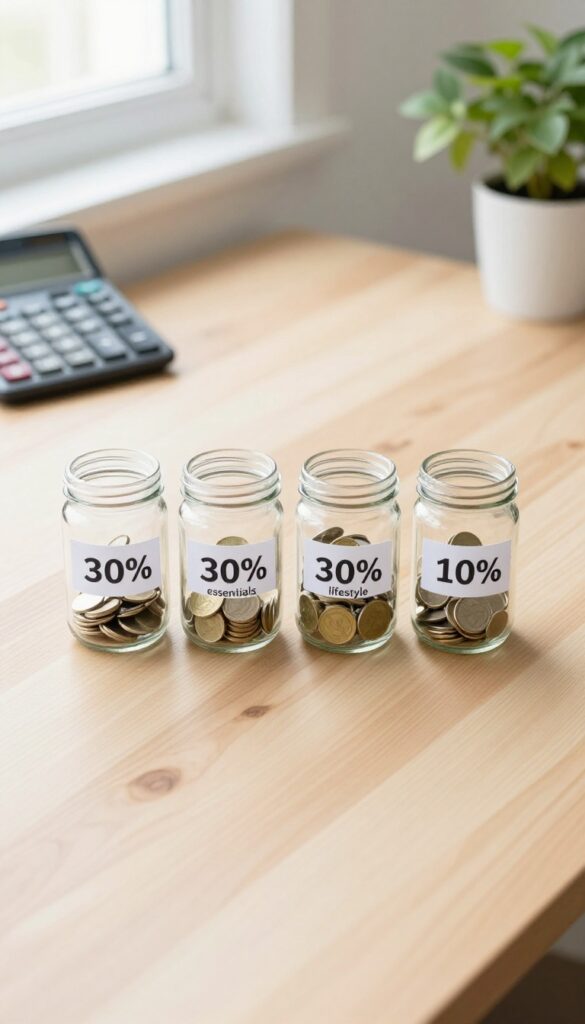 Flat lay of four glass jars with cash and coins labeled for housing, essentials, lifestyle, and savings, illustrating the 30-30-30-10 budget method.
