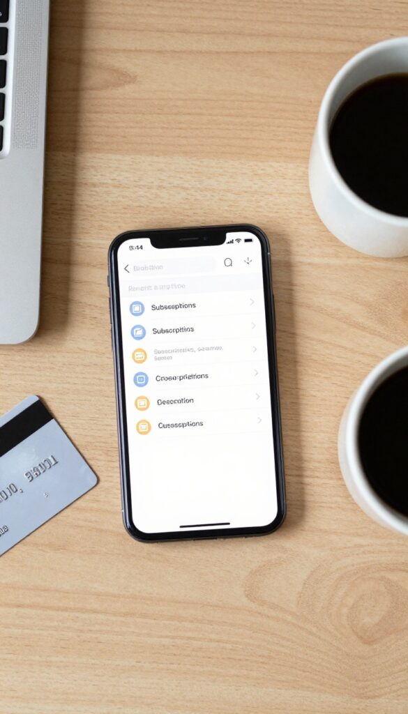 Flat lay of smartphone with subscription list, credit card, and coffee on wooden desk