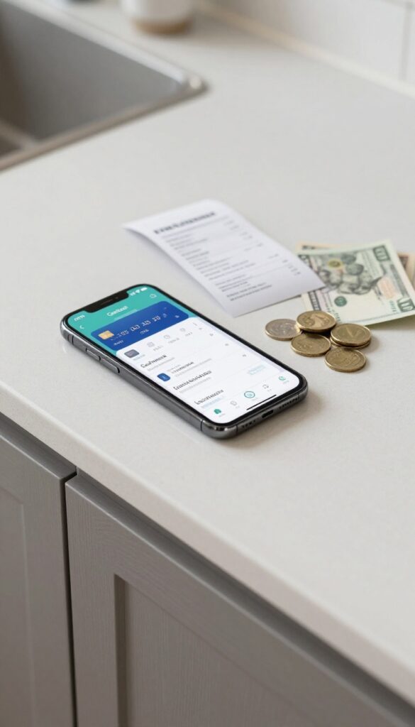 Family budgeting cashback rewards concept with smartphone, credit card, receipt, and cash on kitchen counter