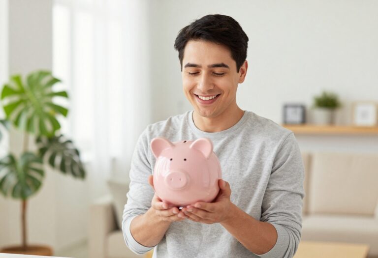 Happy person holding a piggy bank, representing joyful saving without sacrifice