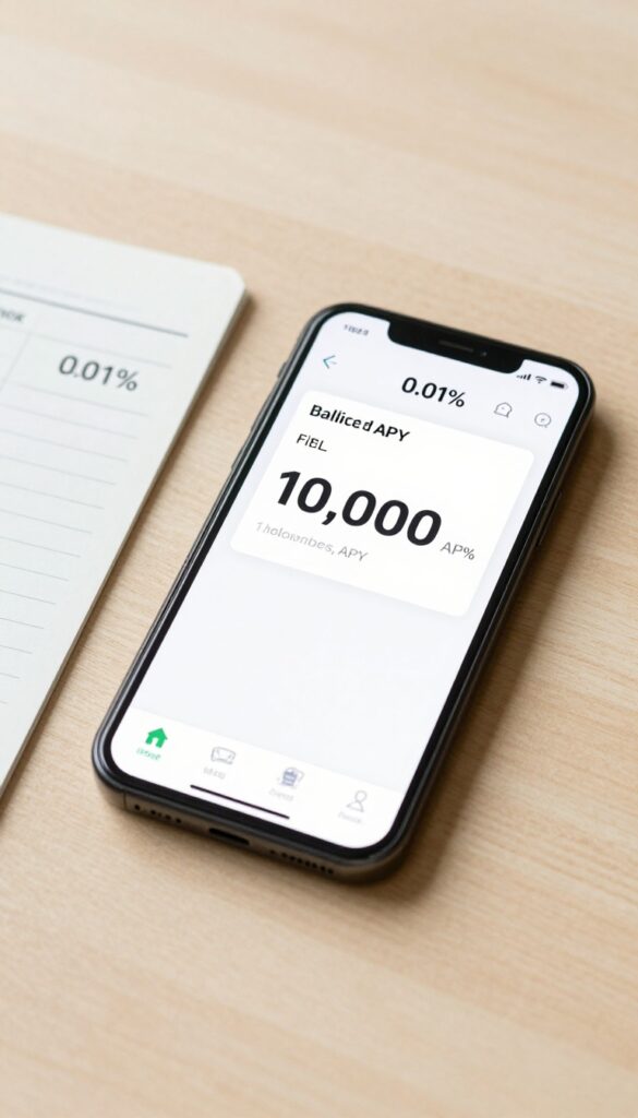 Smartphone displaying a high-yield savings account app next to a traditional passbook, illustrating the interest rate difference.
