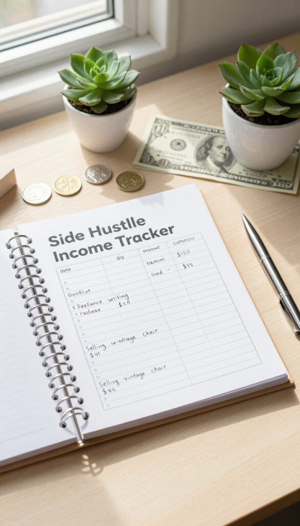 Open budget binder on a wooden desk with a side hustle income tracker page, pen, succulent, coins, and natural light.
