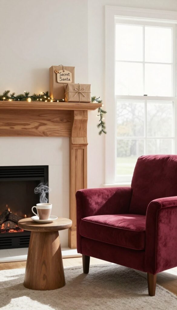 Cozy living room with Secret Santa gifts on fireplace mantle