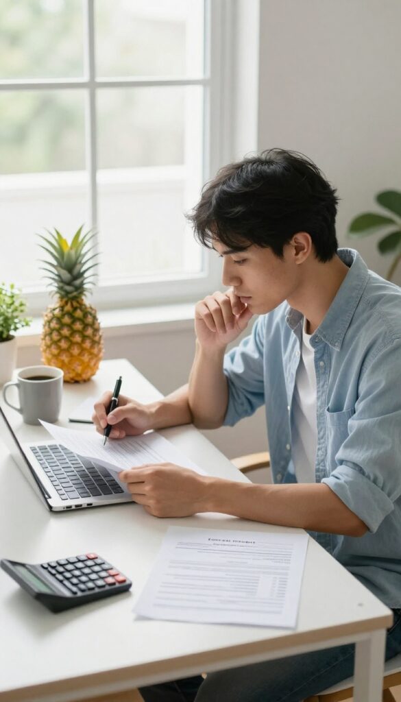 Person reviewing insurance policies at a desk with laptop and documents