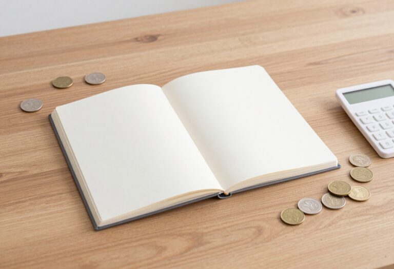 Flat lay of budgeting tools including a notebook, calculator, and coins on a wooden desk.