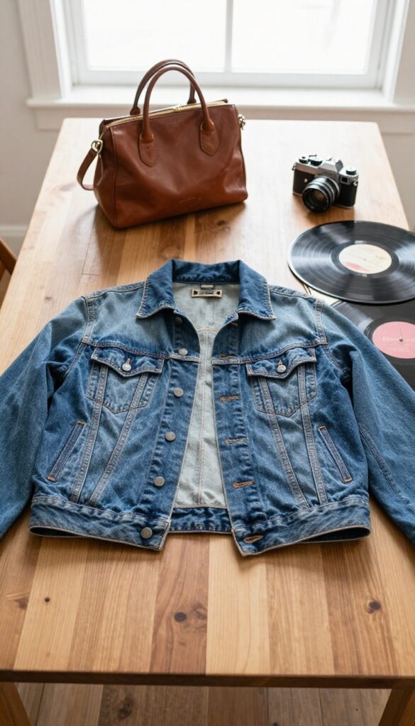 Flat lay of thrifted vintage clothing, handbag, camera, and vinyl records on wooden table in natural light.