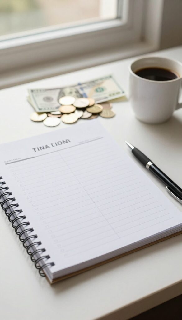 A desk with a budget planner, pen, cash, coins, and coffee in soft natural light.