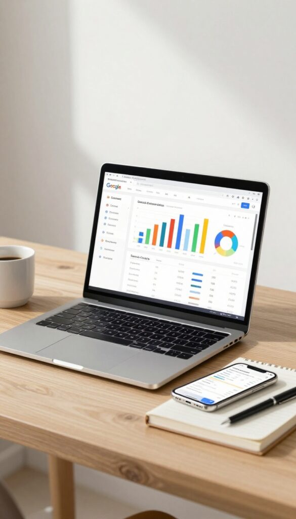 Laptop and smartphone displaying Google Analytics and Search Console dashboards on a clean desk with coffee and notebook