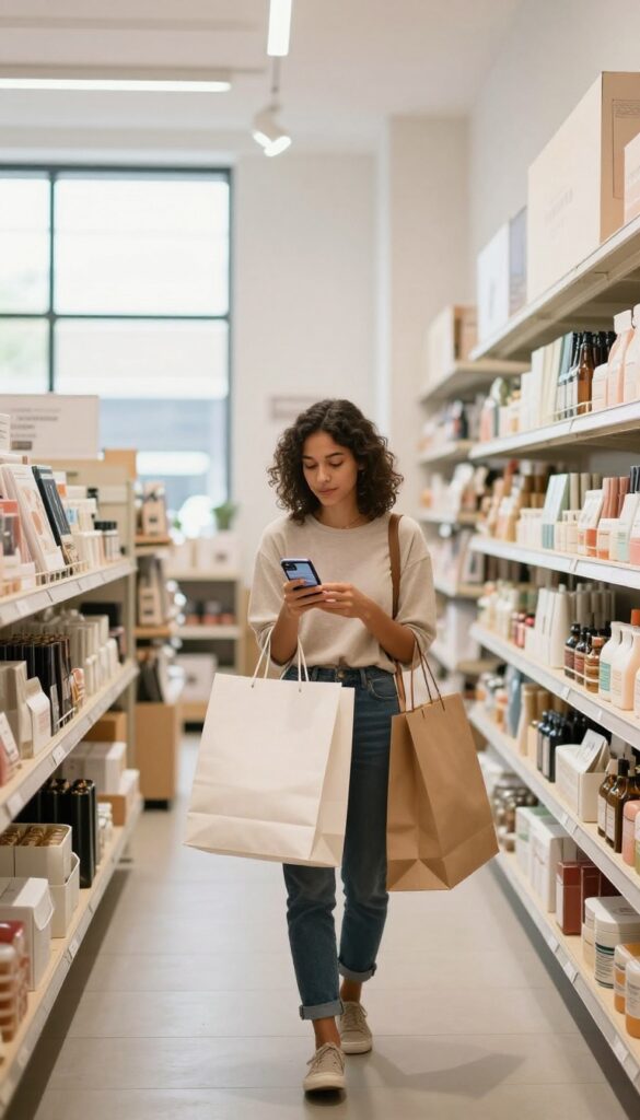 Person mystery shopping in a retail store, checking items on a phone