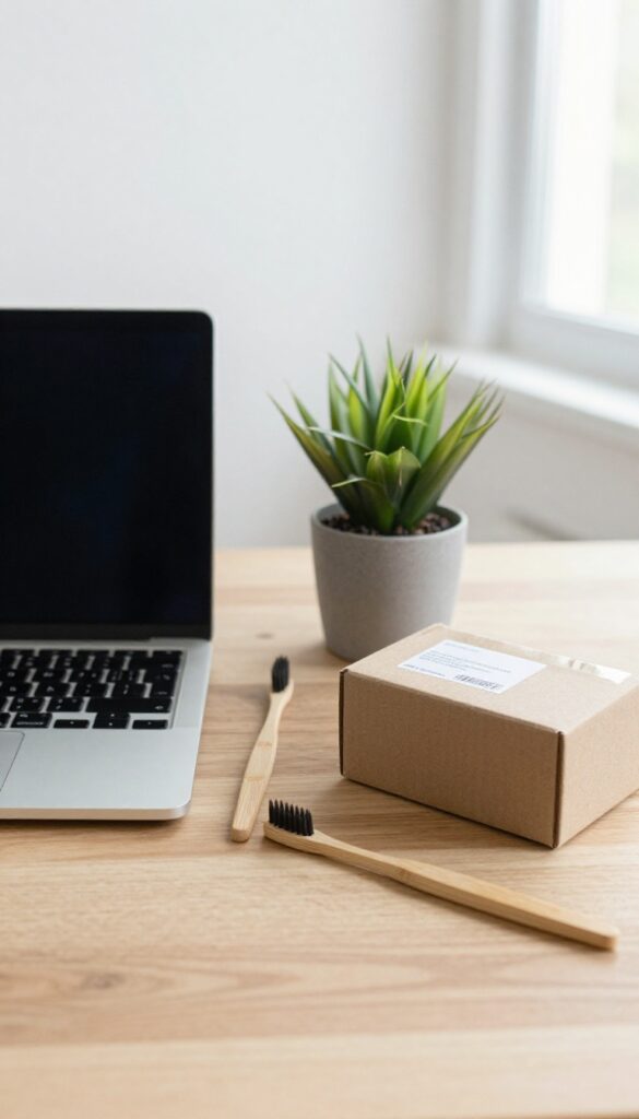 Flat lay of laptop, shipping box, and eco-friendly products on a wooden desk