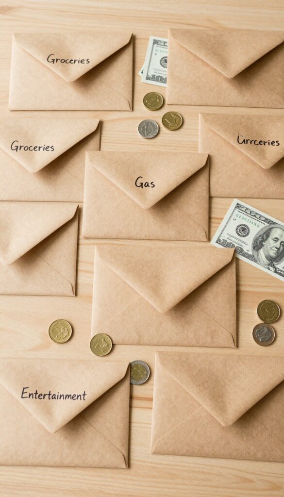 Envelope budgeting system with labeled cash envelopes on a wooden desk