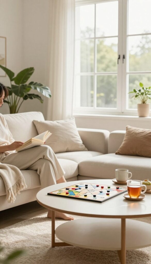 Cozy living room scene with a person reading and a board game on the table, representing a no-spend day at home.