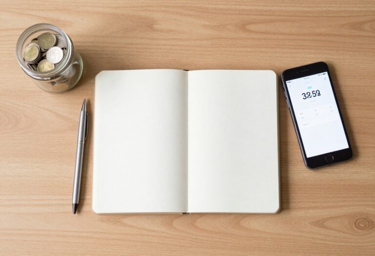 Emergency fund tracker tools including notebook, pen, coin jar, and smartphone on a desk.