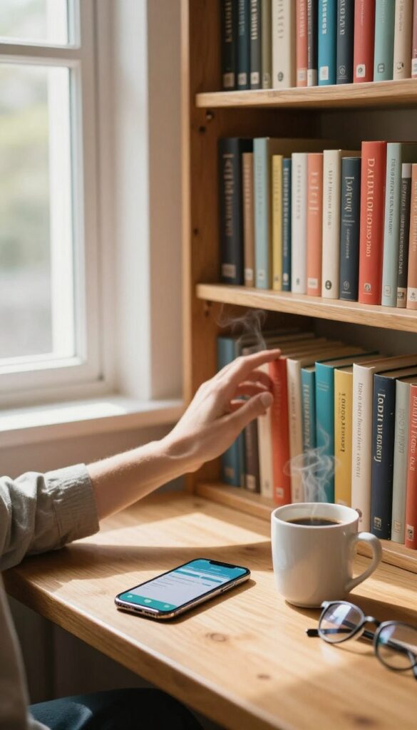Person borrowing a book from a library shelf with digital app on phone nearby.