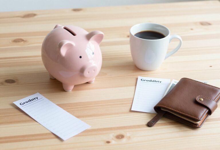 Flat lay of piggy bank, coffee, grocery list, and wallet on wooden table