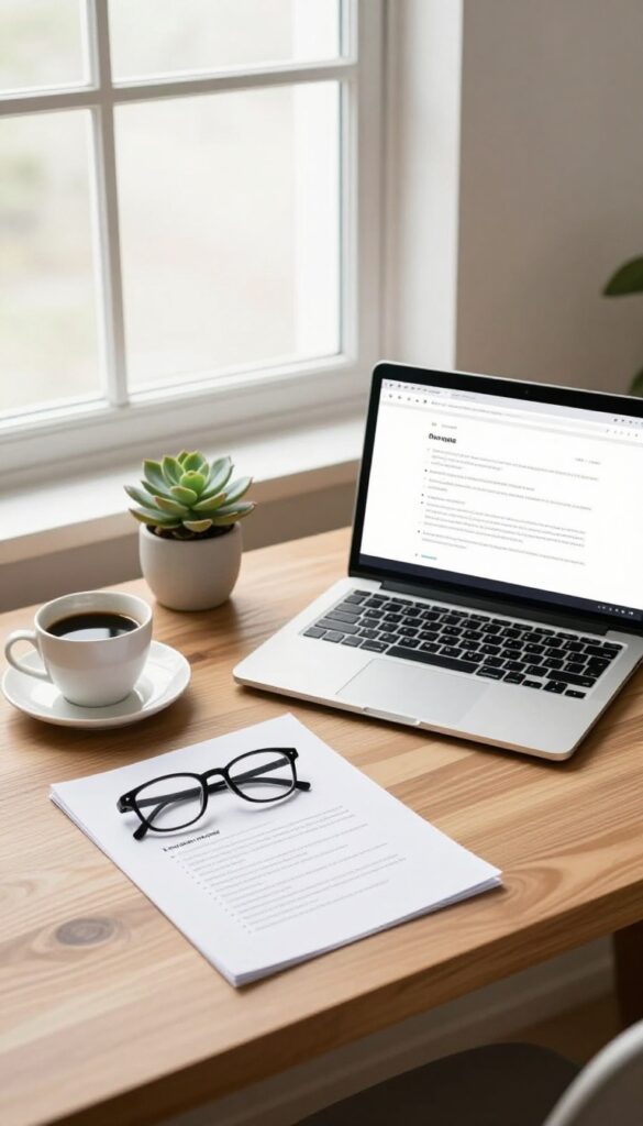 Blog writing setup with laptop and printed post showing short paragraphs and subheadings