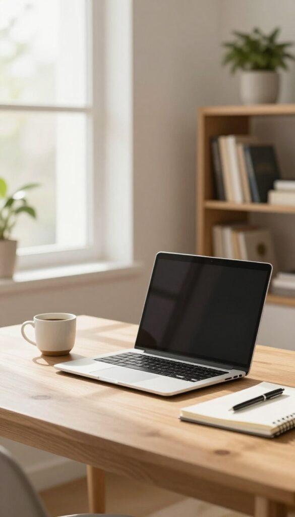 A bright home office setup with a laptop, notebook, and coffee, representing freelance writing.