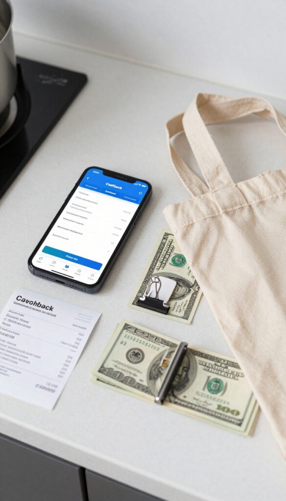 Smartphone showing cashback app receipt scan next to grocery receipt, money, and coupons on a bright kitchen counter.
