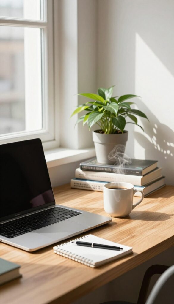 Cozy home office setup with laptop and coffee, ideal for blogging or vlogging side hustle.